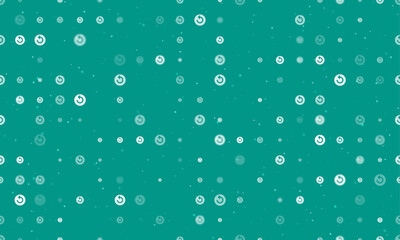 Seamless background pattern of evenly spaced white replay media symbols of different sizes and opacity. Vector illustration on teal background with stars