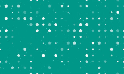 Seamless background pattern of evenly spaced white pentagon symbols of different sizes and opacity. Vector illustration on teal background with stars