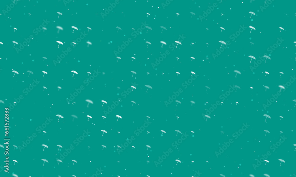 Poster seamless background pattern of evenly spaced white umbrella symbols of different sizes and opacity. 
