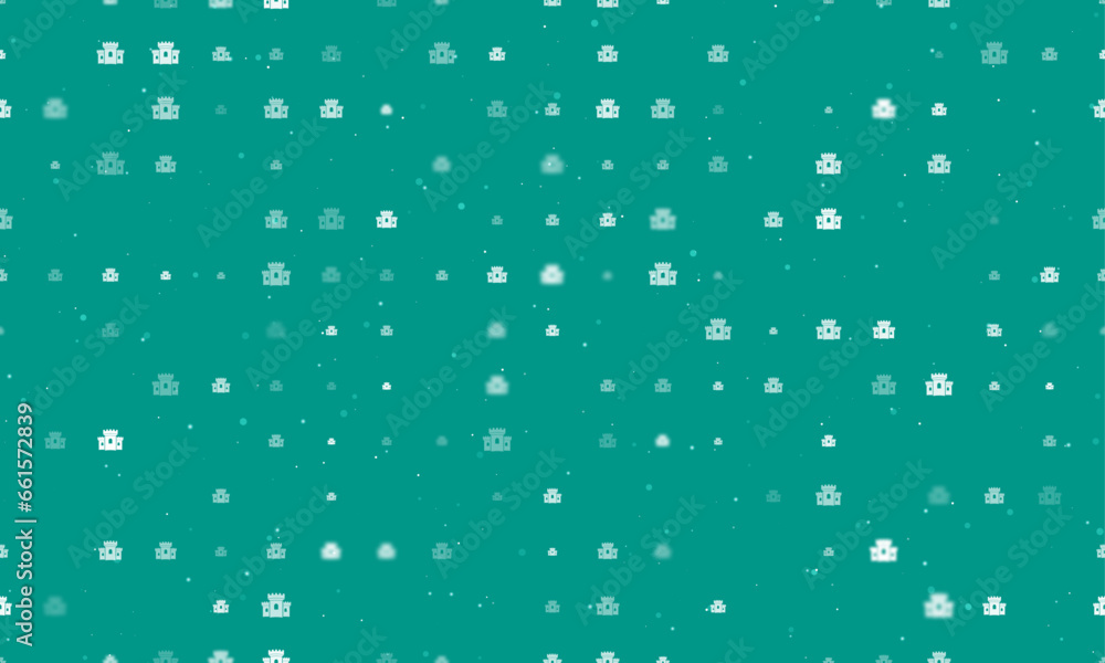Poster seamless background pattern of evenly spaced white castle symbols of different sizes and opacity. ve