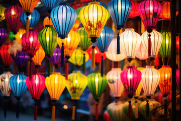 Fototapeta na wymiar Many kind of lanterns hanging on street market. Colorful tradition lanterns in chinese style. Generative AI