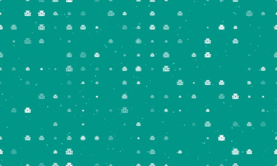 Seamless background pattern of evenly spaced white castle symbols of different sizes and opacity. Vector illustration on teal background with stars