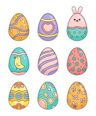 Easter eggs pattern. Ornament flowers, hearts, bunny ears, chicken. Vector drawing. Collection of design elements.