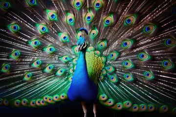Obraz premium Peacock with with fully fanned aquamarine tail. Generative AI
