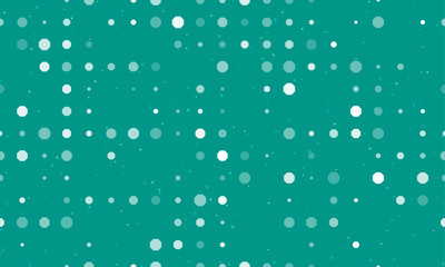 Seamless background pattern of evenly spaced white octagon symbols of different sizes and opacity. Vector illustration on teal background with stars