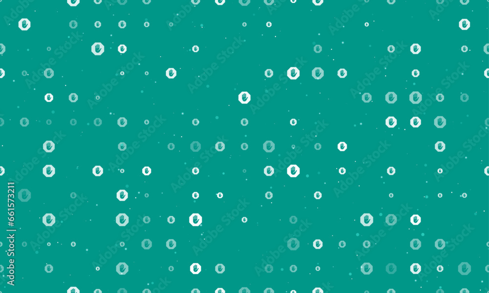 Poster seamless background pattern of evenly spaced white stop hand symbols of different sizes and opacity.