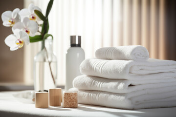 Fototapeta na wymiar Towels with beauty treatment items setting in spa center in white room. Generative AI