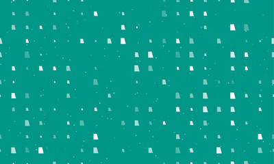 Seamless background pattern of evenly spaced white trapezium symbols of different sizes and opacity. Vector illustration on teal background with stars