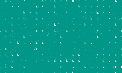 Seamless background pattern of evenly spaced white right triangle symbols of different sizes and opacity. Vector illustration on teal background with stars