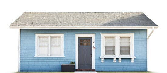 Fototapeta premium House with blue front door and vinyl siding With copyspace for text