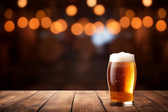 pint of beer on wooden table with blurred bar at background,
