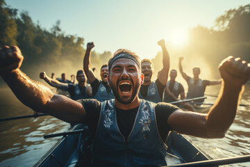 A Jubilant Team Celebrating a Victory in a Rowing Race - obrazy, fototapety, plakaty