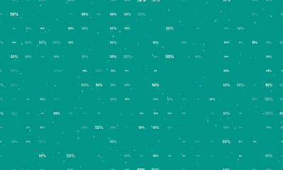Seamless background pattern of evenly spaced white 50 percent symbols of different sizes and opacity. Vector illustration on teal background with stars