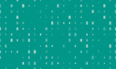 Seamless background pattern of evenly spaced white number eight symbols of different sizes and opacity. Vector illustration on teal background with stars