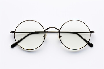 Pair of glasses with white background and black frame.