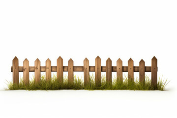 Obraz premium Wooden fence with grass growing through it and white background.