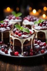 A chocolate cake with icing and cranberries on a plate. Photorealistic AI image.