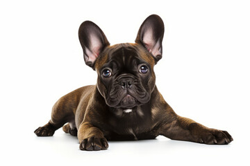 Fototapeta premium Brown and black dog laying down on white surface with its eyes open.