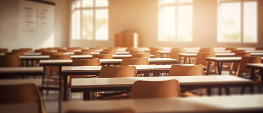 Defocused empty university classroom or business conference room.
