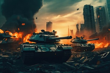 Tanks invading a bombed city. Apocalyptic Scene. Generative AI - obrazy, fototapety, plakaty