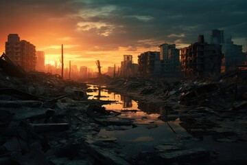 Apocalyptic scene of a bombed city. Generative AI