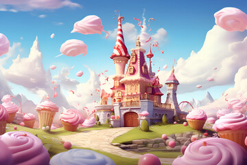 3D rendering of the castle in the fantastic colorful Candyland 2 - obrazy, fototapety, plakaty