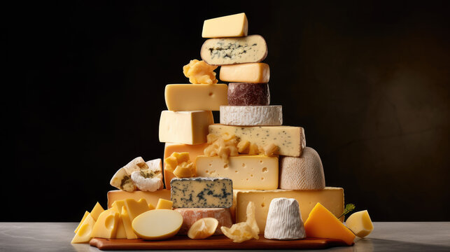 Bunch of different cheeses lying on top of each other on a dark background