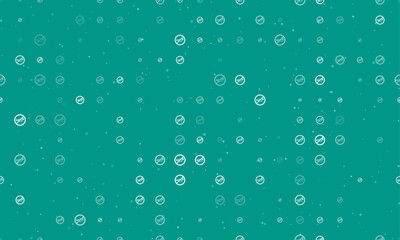 Seamless background pattern of evenly spaced white horning prohibited signs of different sizes and opacity. Vector illustration on teal background with stars