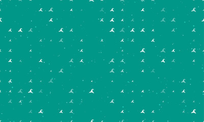 Seamless background pattern of evenly spaced white wizard hat symbols of different sizes and opacity. Vector illustration on teal background with stars