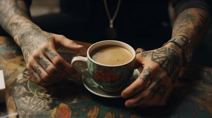 Fototapeta na wymiar Elevated view of man with tattoo holding a cup of Coffee.Generative AI