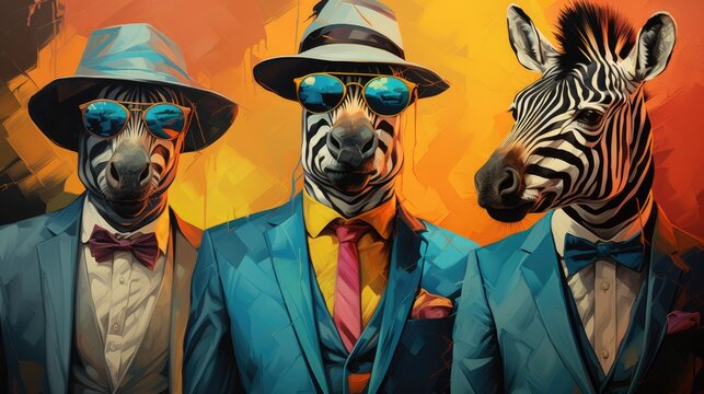 A painting of three zebras wearing suits and hats. Imaginary AI picture.