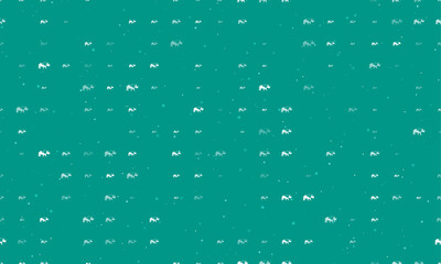 Seamless background pattern of evenly spaced white rhinoceros symbols of different sizes and opacity. Vector illustration on teal background with stars