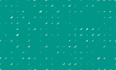 Seamless background pattern of evenly spaced white wolf symbols of different sizes and opacity. Vector illustration on teal background with stars