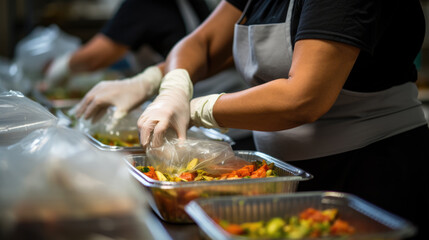 Food for charity. A volunteer prepares food for charity.