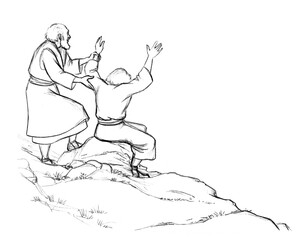 Pencil drawing. Hor and Aaron hold the hands of Moses