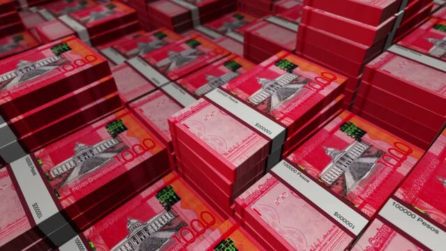 Dominican Peso 1000 DOP banknote pack pile loop. Flying over money stack Dominican note. 3D Abstract concept of business, economy, finance, crisis and banking. Seamless looped.