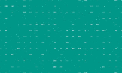 Seamless background pattern of evenly spaced white 2025 year symbols of different sizes and opacity. Vector illustration on teal background with stars