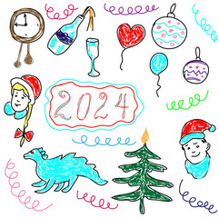 Vector set of doodles drawn by a child with colored pencils on the theme of the New Year holiday