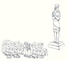 Worship of the Babylonian idol. Pencil drawing