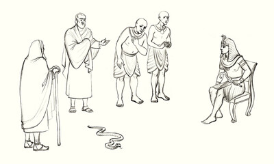 Fototapeta na wymiar Moses and Aaron before Pharaoh. Pencil drawing