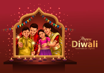Indian festival of lights Happy Diwali with happy family, holiday Background, Diwali celebration greeting card, vector illustration design. © Arun