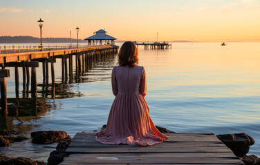 A young woman in a pink dress sits on the pier and looks at the sunset.