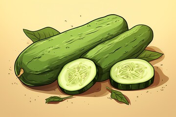 Cucumber with slices and leaves