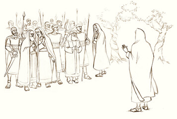 Pharisees and high priests with soldiers in Gethsemane. Pencil drawing - obrazy, fototapety, plakaty