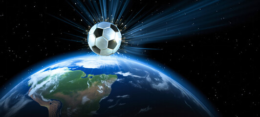 Soccer ball on the background of the planet Earth. Football championship concept