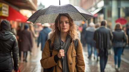 Beautiful young woman with umbrella walking in the city on a rainy day - obrazy, fototapety, plakaty