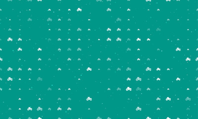 Seamless background pattern of evenly spaced white tractor icons of different sizes and opacity. Vector illustration on teal background with stars