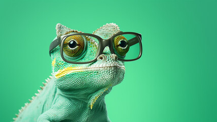 Chameleon wearing eyes glasses isolated on background, cool concept design