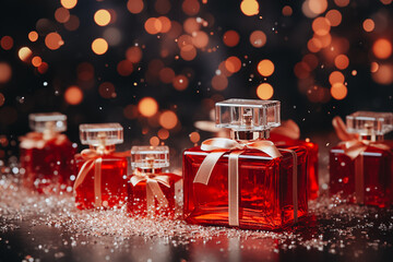 Red glass premium perfume bottles with sillk golden bow on a stand with floating golden glitter sparkles. Christmas and New Year perfumery premium present gift