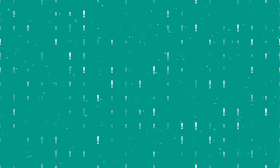 Seamless background pattern of evenly spaced white exclamation symbols of different sizes and opacity. Vector illustration on teal background with stars